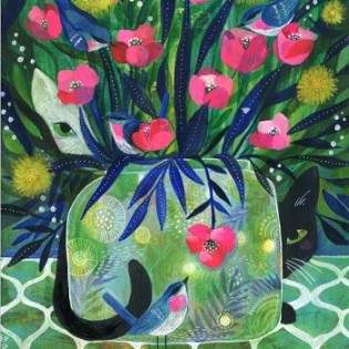 Vase with Cats and Birds Print