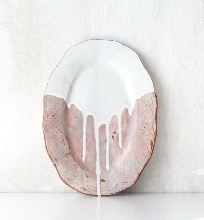 Oval Ceramic Platter with White Dripping Glaze - Ingrid Wens Ceramics